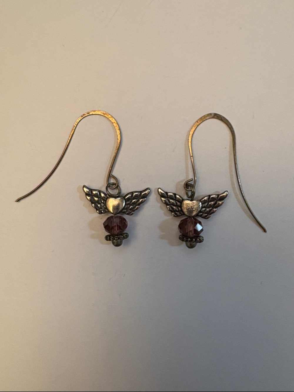 🆕 Handmade Silver-toned Angel Wing Heart Earrings with Purple Faceted Beads